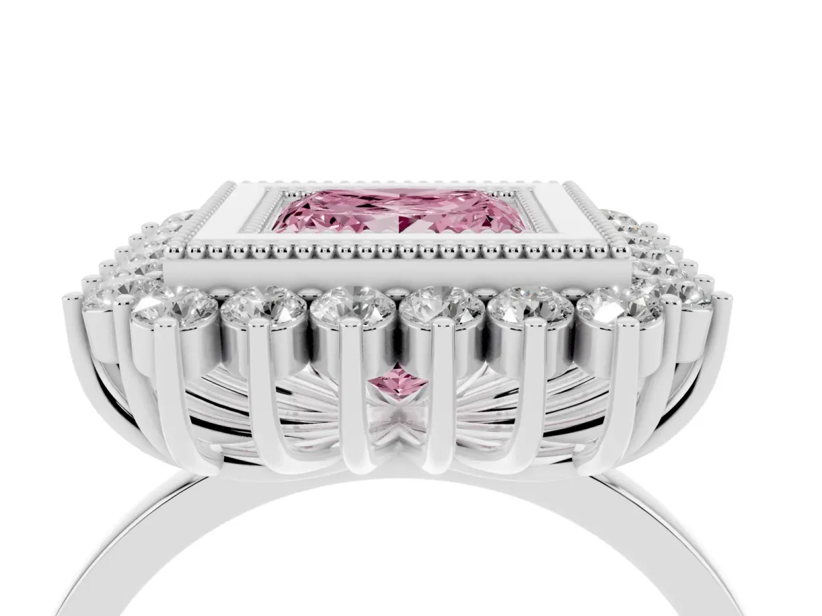 Fancy Pink Princess Cut Halo Diamond Ring with Milgrain Edge and Round Prong Setting Silver