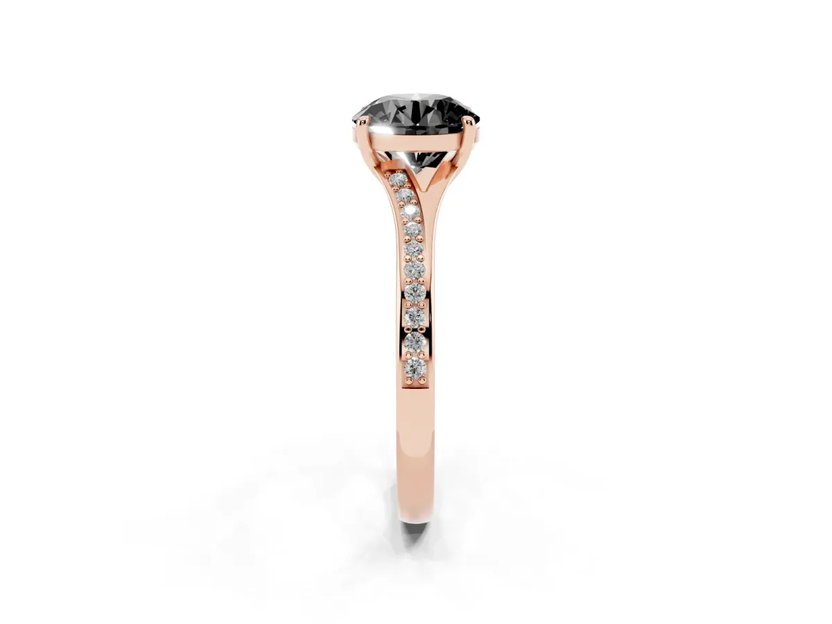 Fancy Black Round Cut Diamond Solitaire Ring with Pavé Band and Prong Setting Rose gold