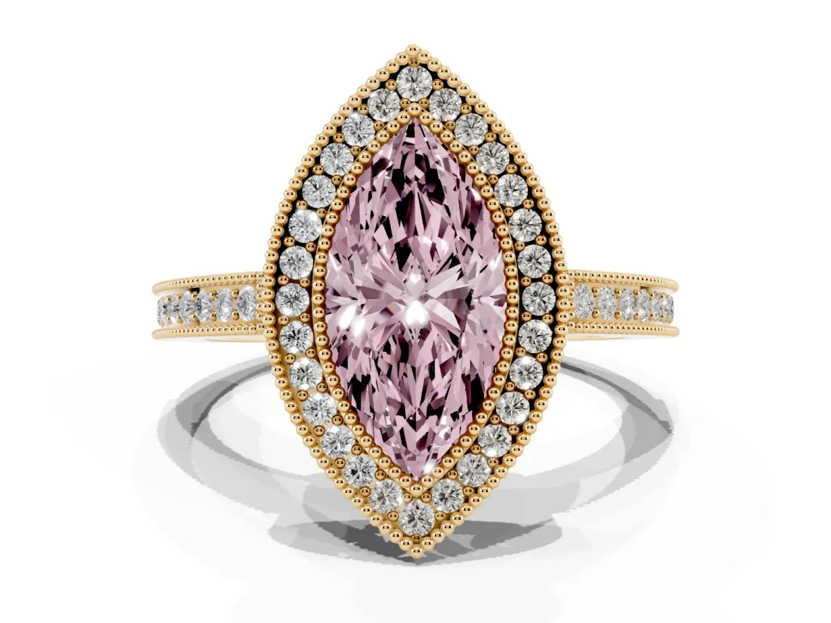 Fancy Pink Marquise Cut Cut Halo Diamond Ring with Pavé Band and Milgrain Prong Setting Yellow gold