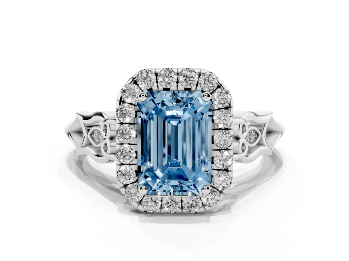 Fancy Blue Emerald Cut Halo Diamond Engagement Ring with Filigree Band and Four-Prong Setting Platinum