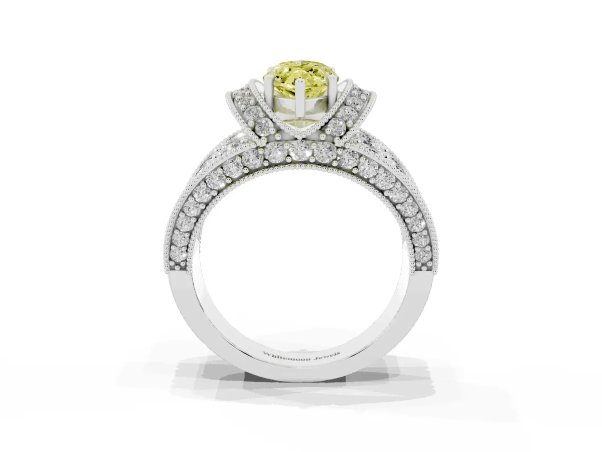 Fancy Yellow Marquise Cut Halo Pave Diamond Engagement Ring with Milgrain Detailing Platinum