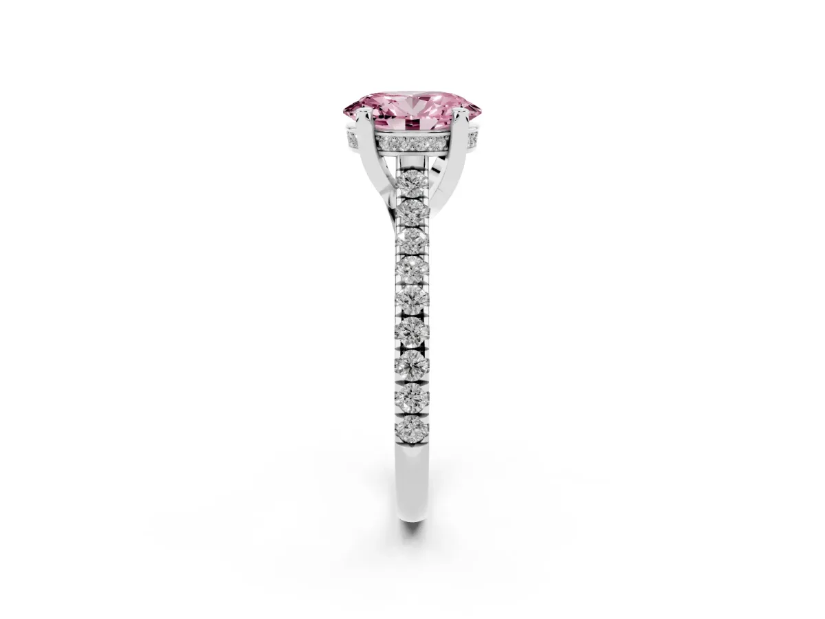 Fancy Pink Oval Cut Brilliant Diamond Solitaire with Pavé Band and Four-Prong Setting Silver