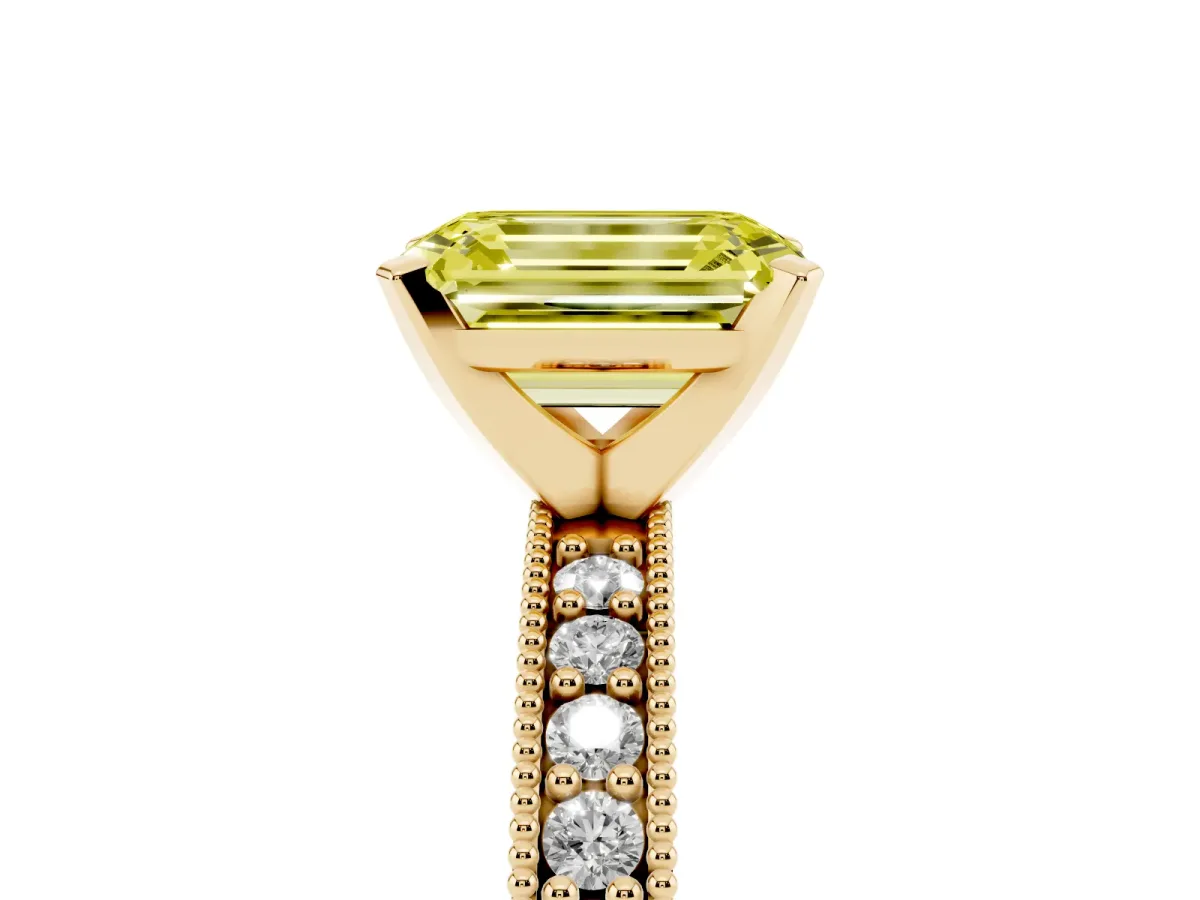 Fancy Yellow Emerald Cut Diamond Milgrain Pavé Engagement Ring with Four-Prong Setting Yellow gold