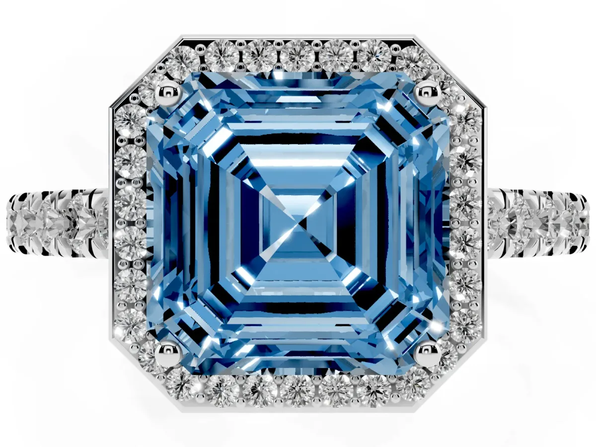 Fancy Blue Asscher Cut Cut Halo Diamond Engagement Ring with Pave Band and Four-Prong Setting Platinum