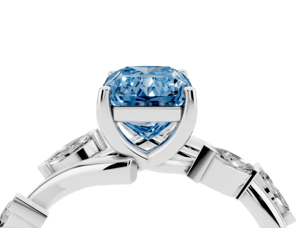 Fancy Blue Radiant Cut Solitaire Twisted Band Marquise Accent Prong Setting Ring Platinum