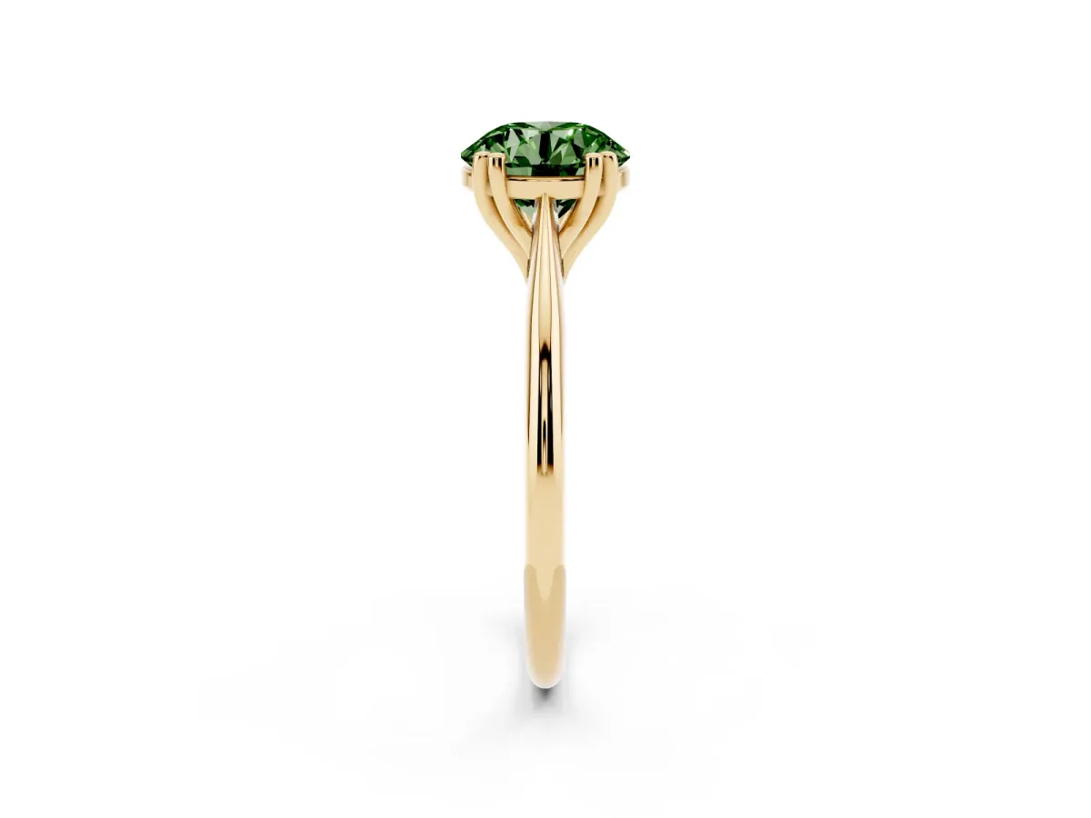 Fancy Green Round Cut Solitaire Diamond Ring with Six-Prong Setting and Classic Band Yellow gold