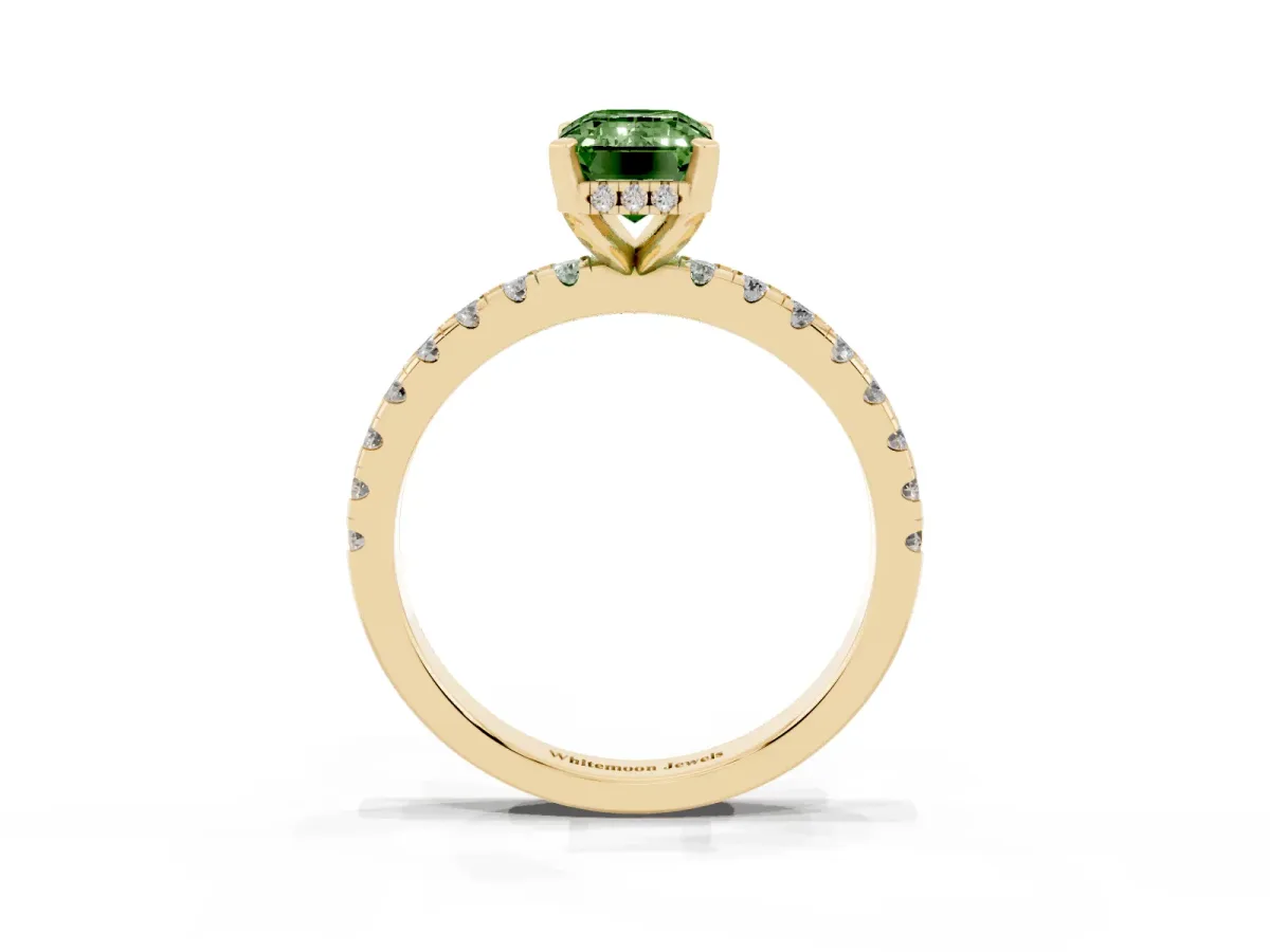 Fancy Green Emerald Cut Diamond Solitaire Ring with Round Pavé Band and Four-Prong Setting Yellow gold