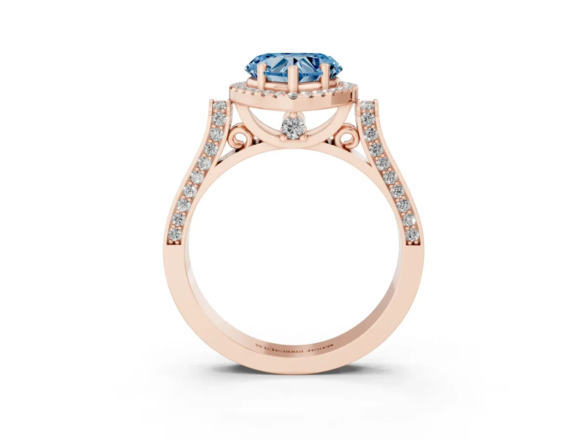Fancy Blue Heart Cut Halo Pave Split Shank Prong Setting Ring Rose gold