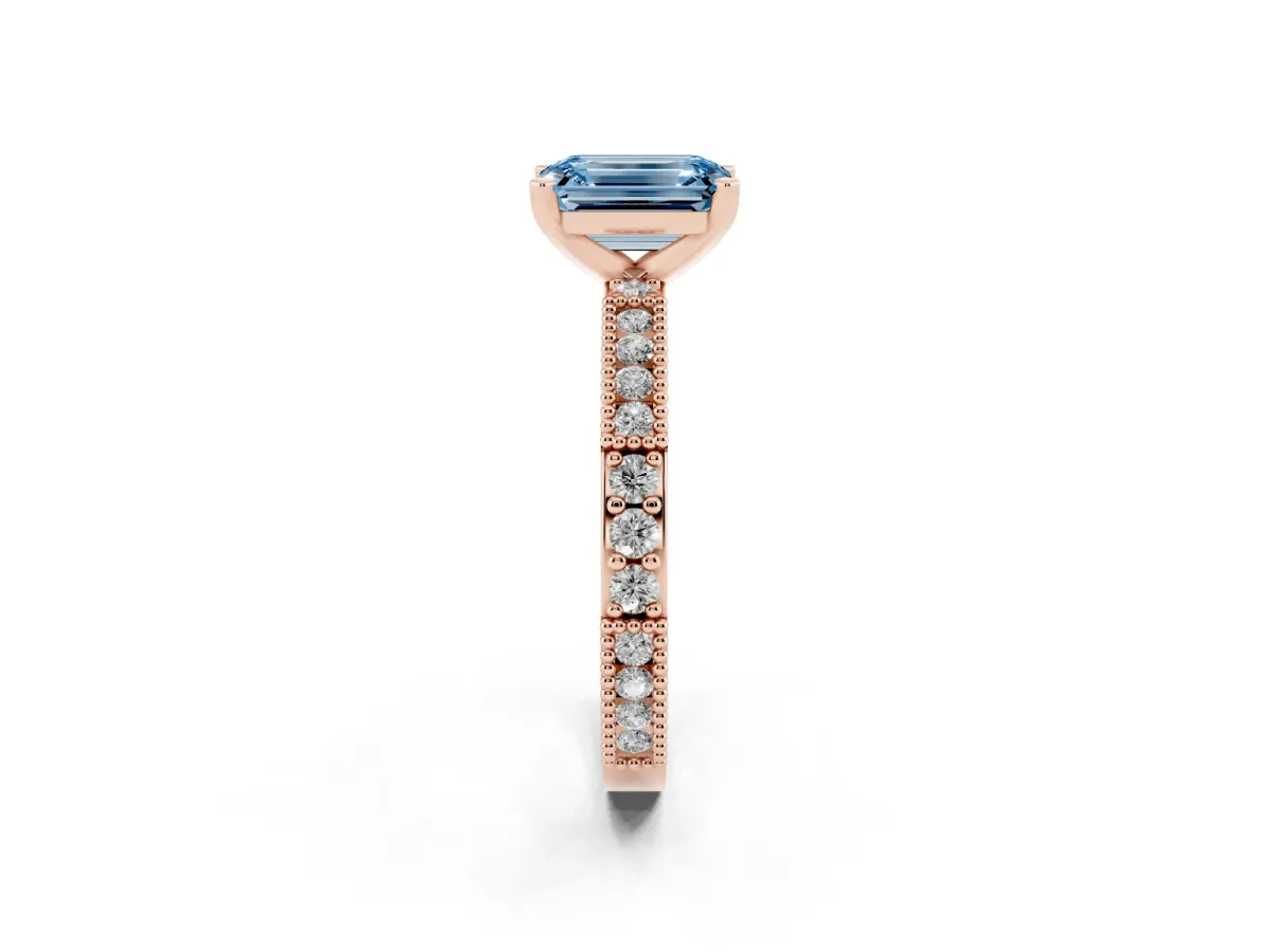 Fancy Blue Emerald Cut Solitaire with Pavé Band and Four-Prong Setting Rose gold