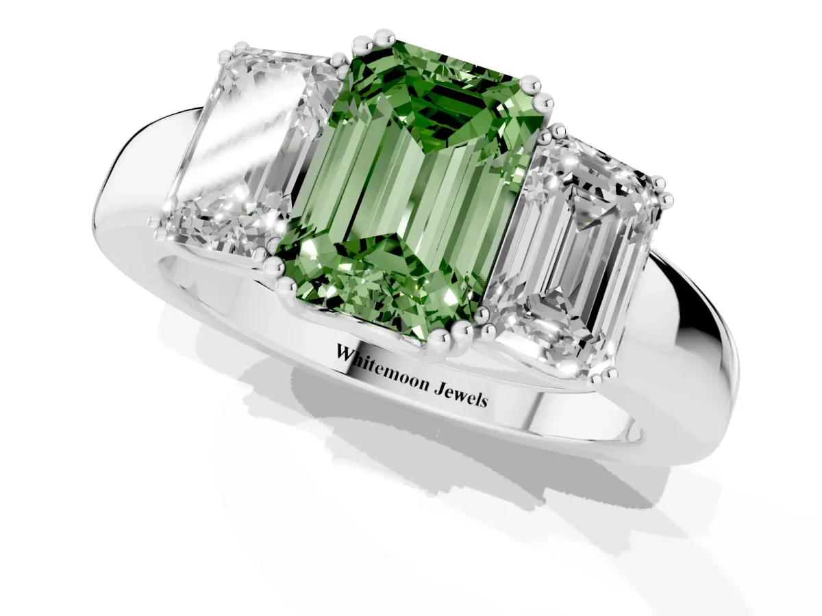 Fancy Green Three-Stone Emerald Cut Cut Diamond Ring with Channel Set Band and Four-Prong Setting Silver