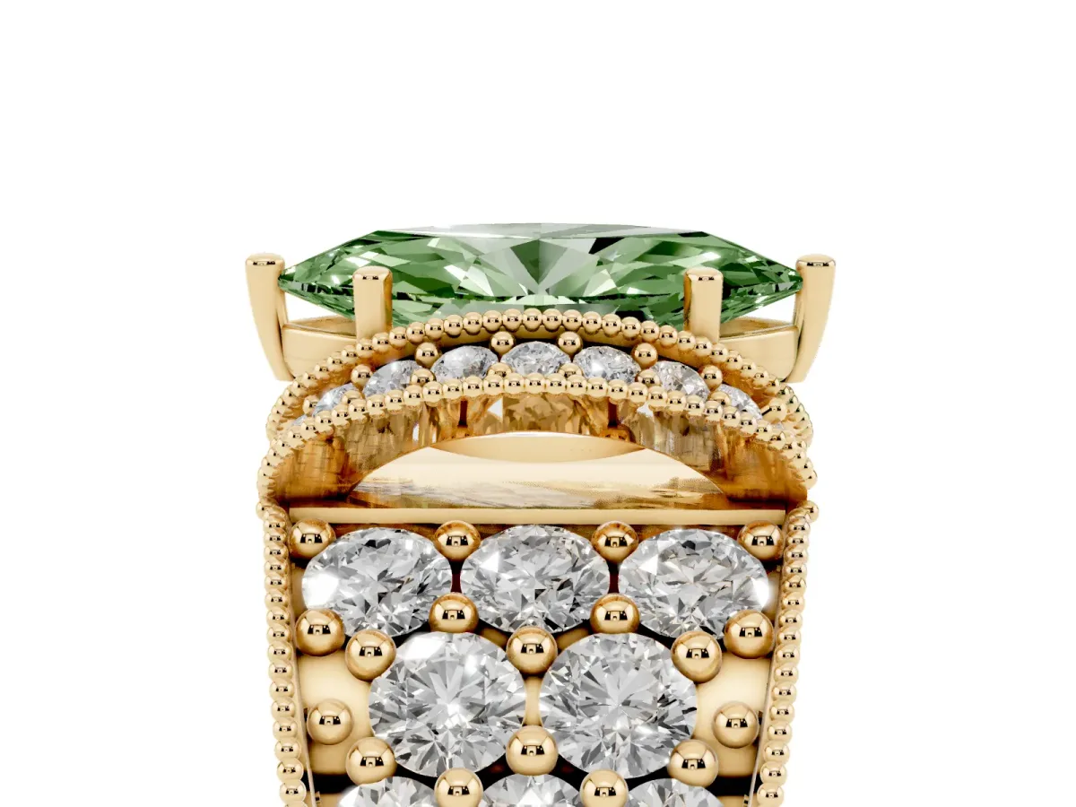 Fancy Green Marquise Cut Halo Pave Diamond Engagement Ring with Milgrain Detailing Yellow gold