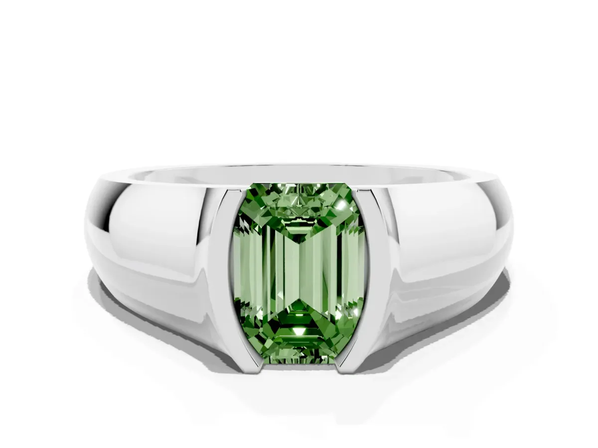 Fancy Green Emerald Cut Solitaire Bezel Set Diamond Ring with Wide Band Platinum