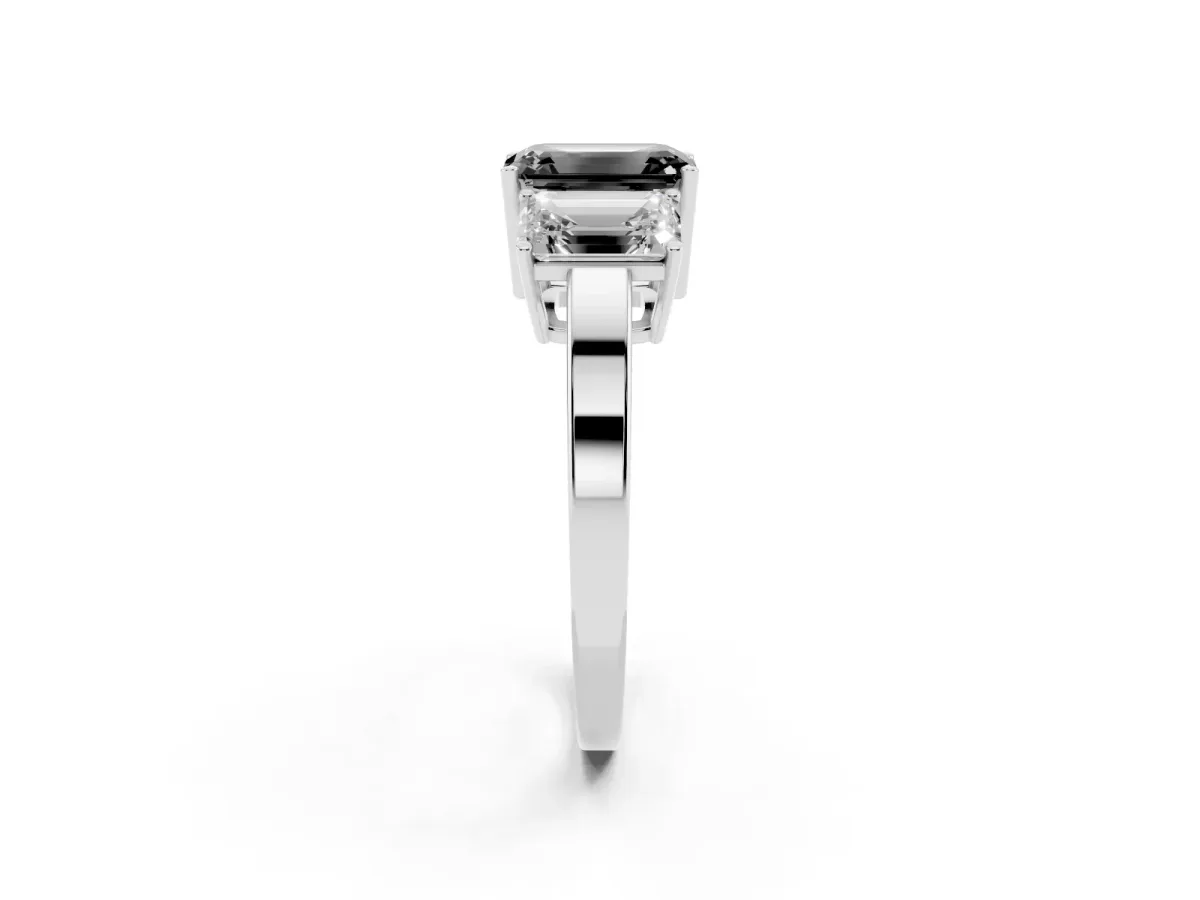 Fancy Black Three-Stone Emerald Cut Cut Diamond Engagement Ring with Flat Band and Four-Prong Setting Platinum