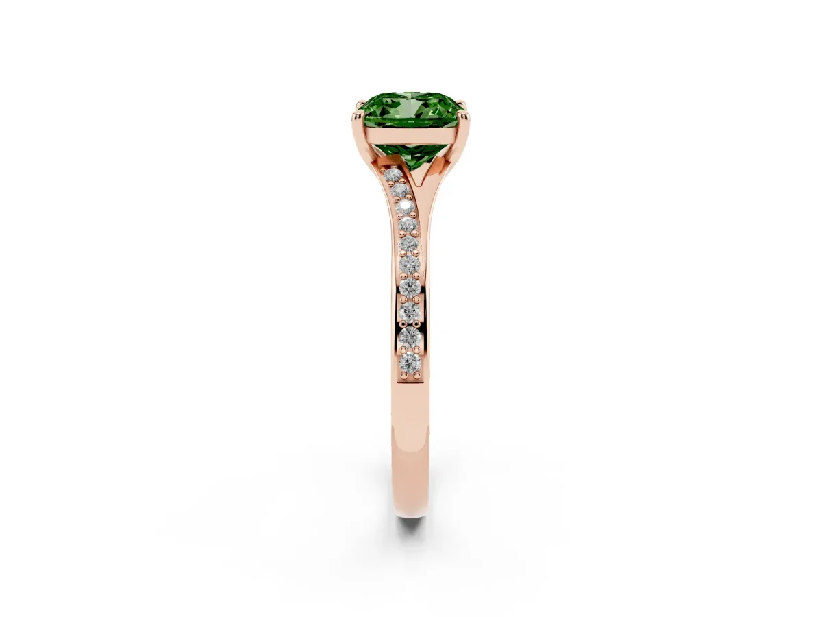 Fancy Green Cushion Cut Diamond Solitaire Ring with Pavé Band and Prong Setting Rose gold