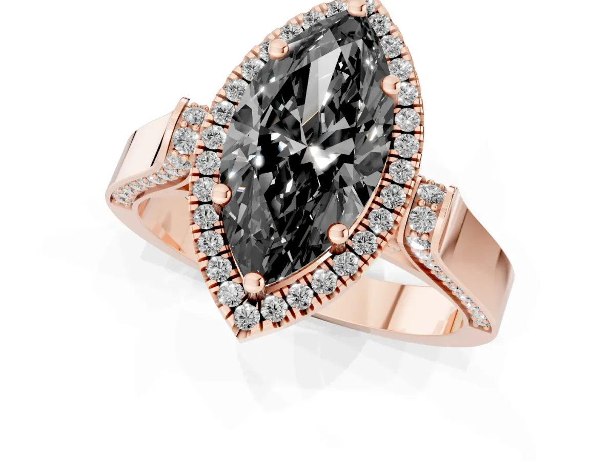 Fancy Black Marquise Cut Halo Round Diamond Twist Band with Four-Prong Setting Rose gold