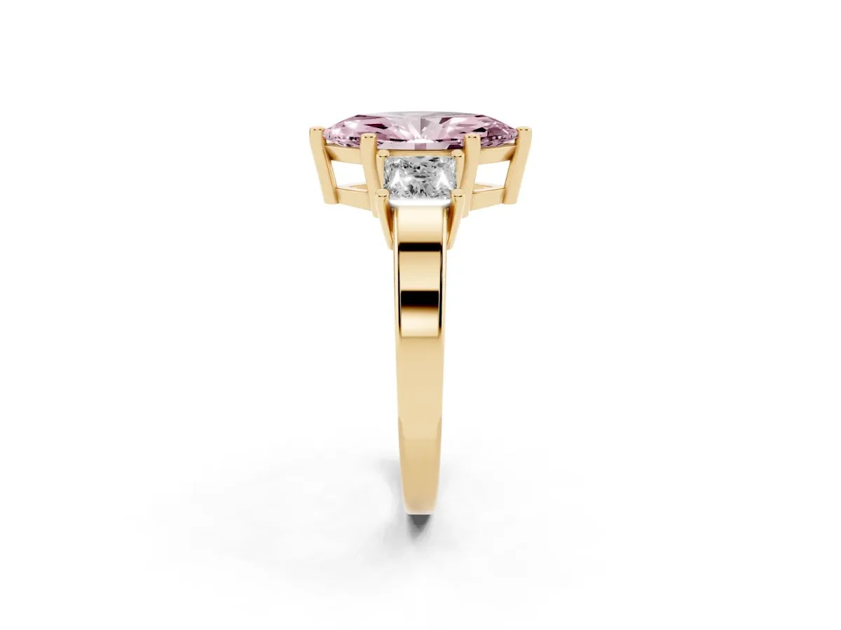 Fancy Pink Three-Stone Marquise Cut Cut Solitaire Ring with Prong Setting Yellow gold
