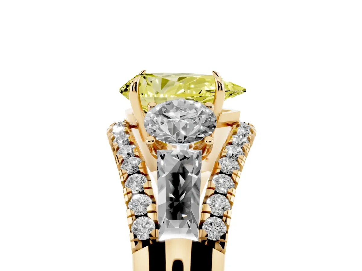 Fancy Yellow Three-Stone Pear Cut Diamond Engagement Ring with Pave Band and Prong Setting Yellow gold