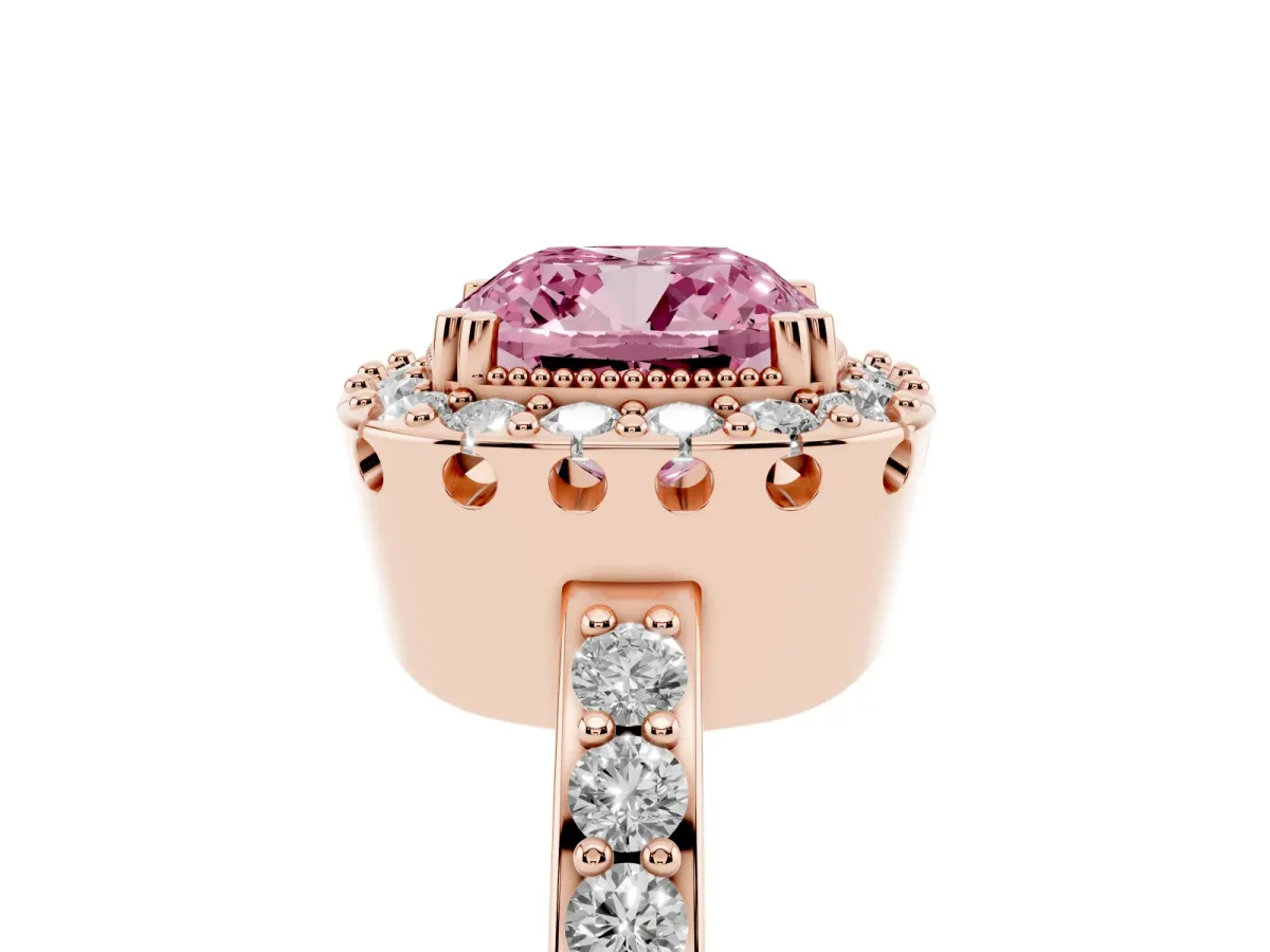 Fancy Pink Cushion Cut Diamond Halo Ring with Pavé Band and Prong Setting Rose gold