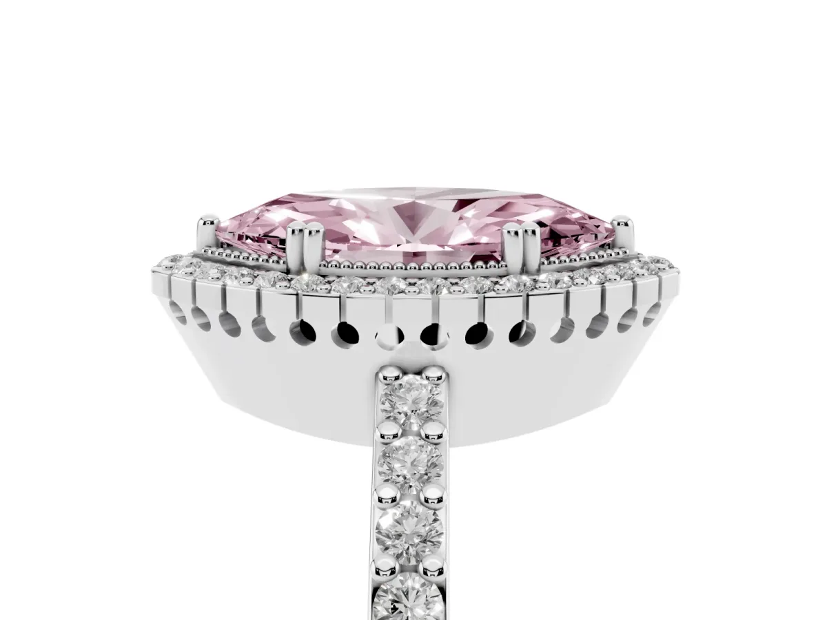 Fancy Pink Marquise Cut Cut Diamond Halo Engagement Ring with Milgrain Detail and Pavé Band Platinum