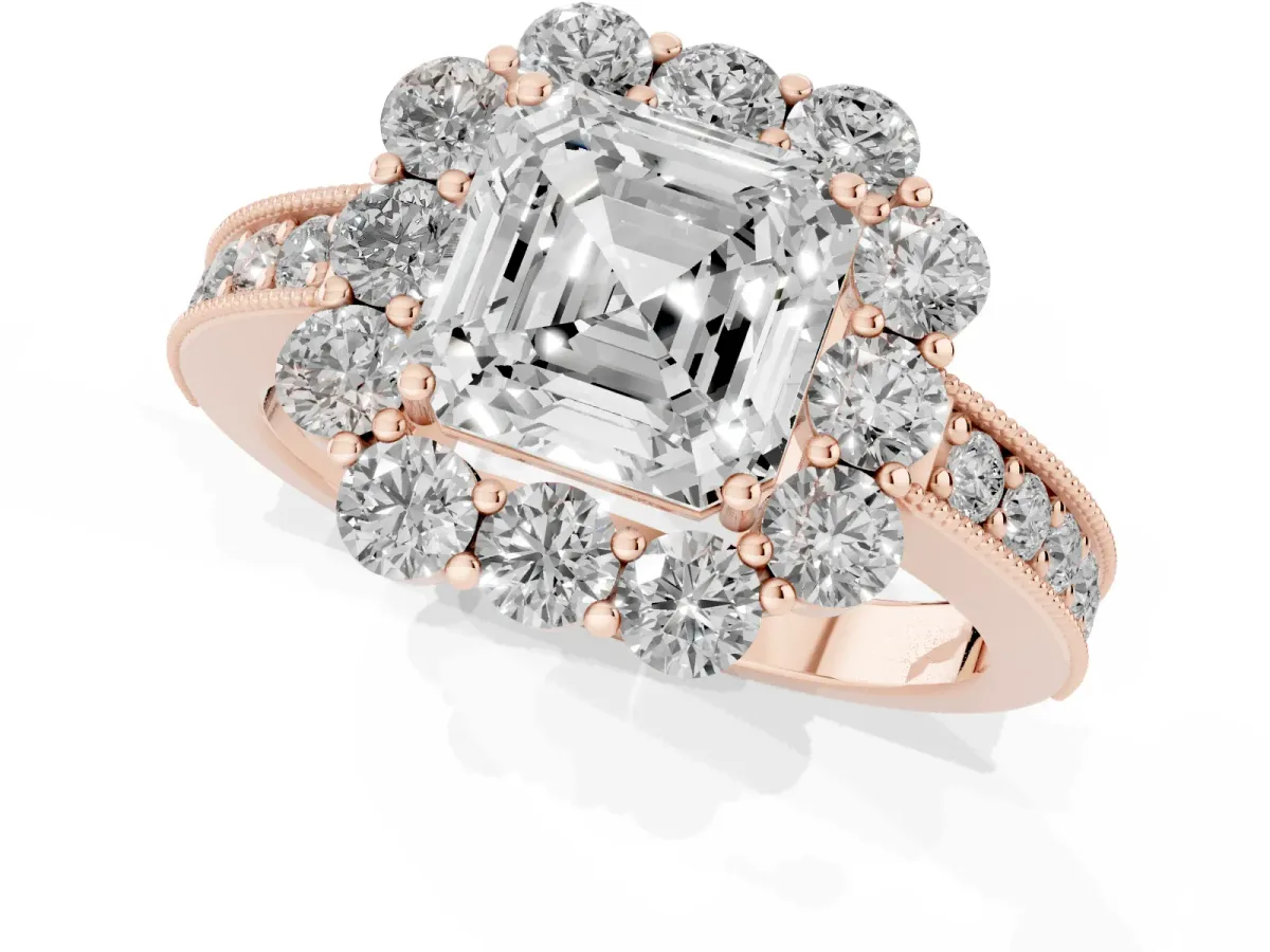 Asscher Cut Cut Halo Diamond Pavé Engagement Ring with Milgrain Detailing Rose gold