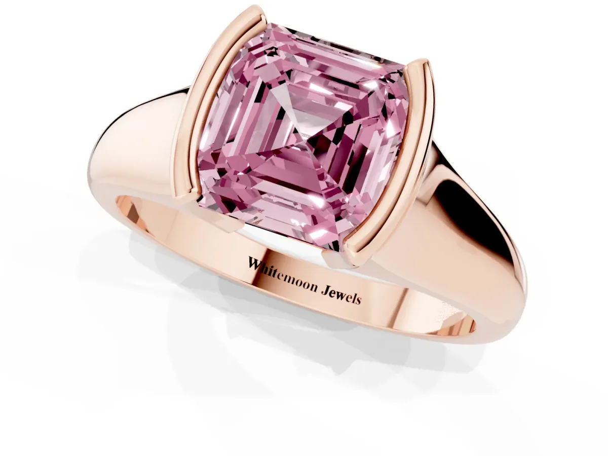 Fancy Pink Asscher Cut Solitaire Tension Set Diamond Ring with Split Shank Band Rose gold