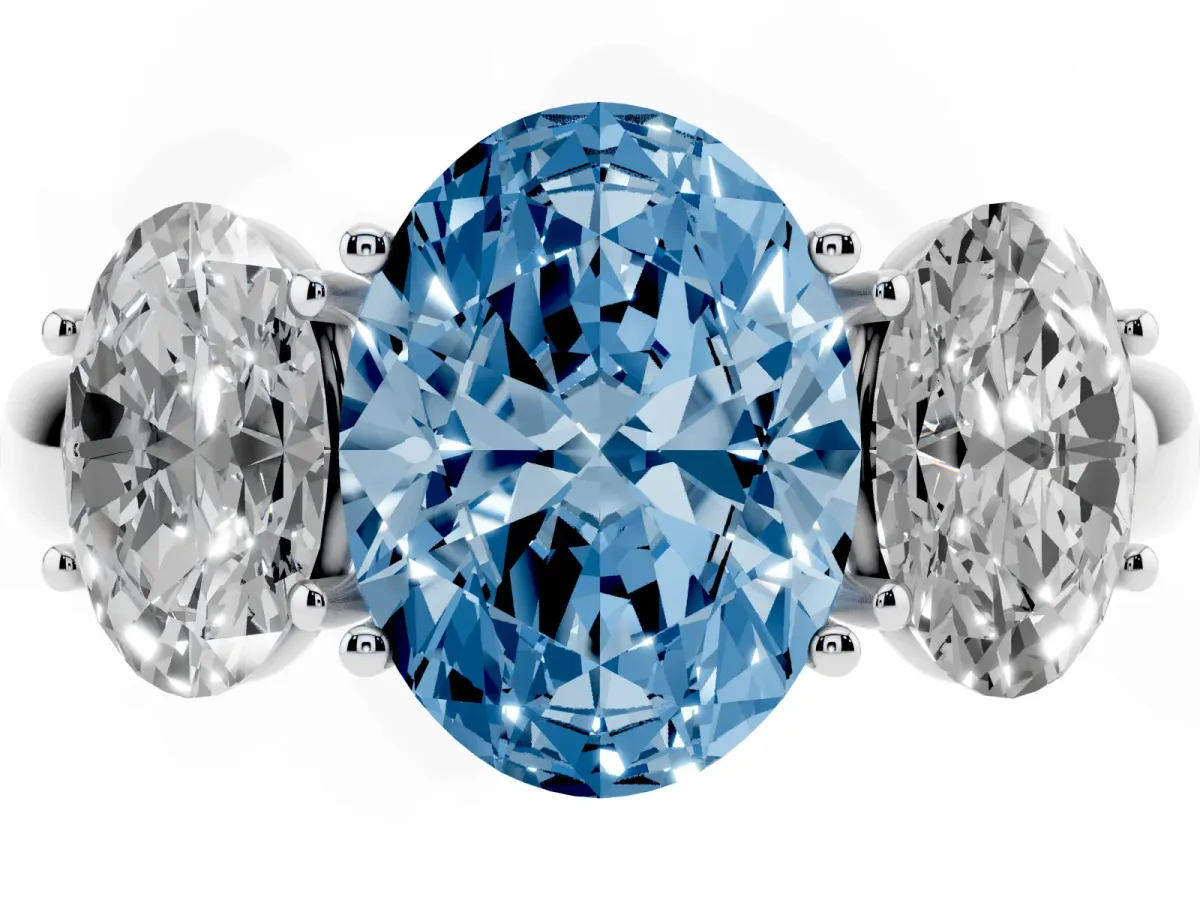Fancy Blue Oval Cut Diamond Three-Stone Ring with Four-Prong Setting and Classic Band Platinum