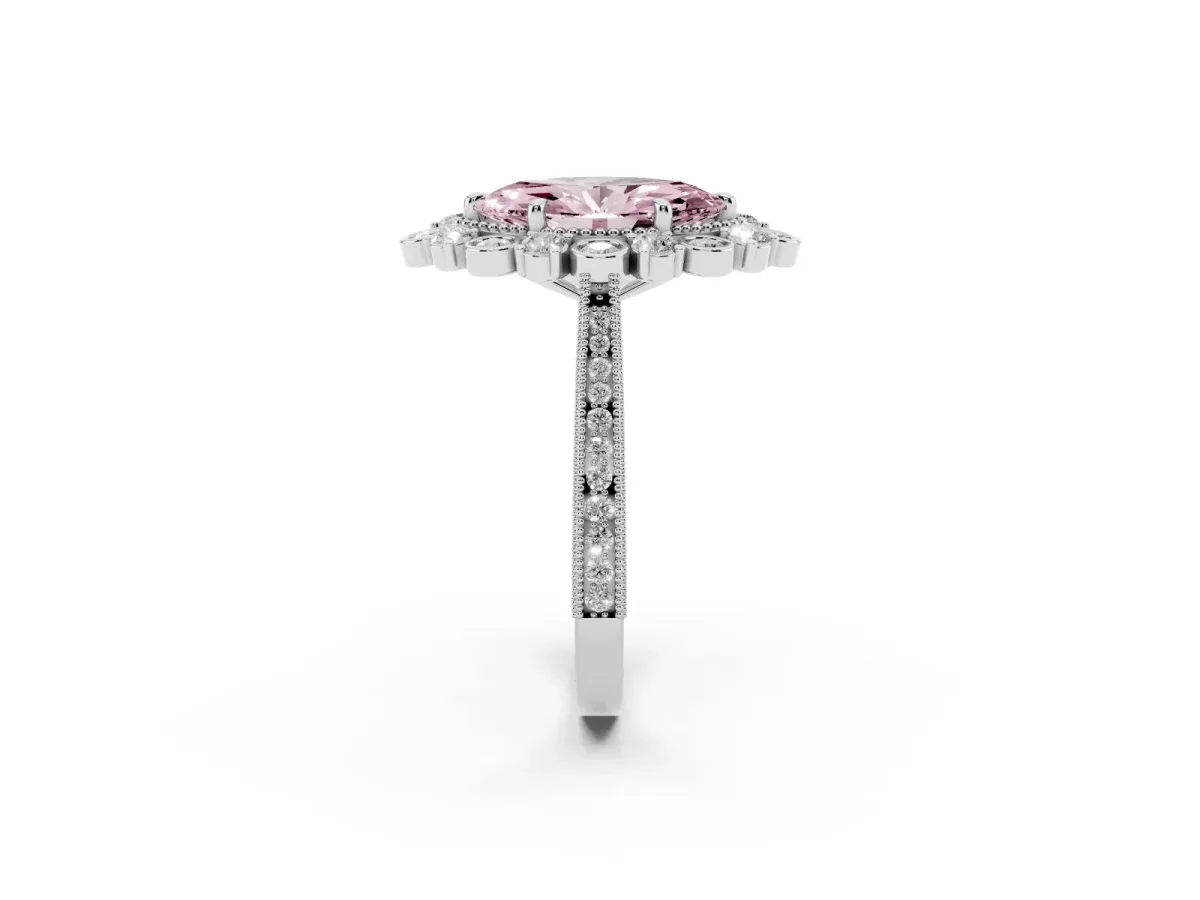 Fancy Pink Marquise Cut Halo Milgrain Pave Diamond Ring with Four-Prong Setting Platinum