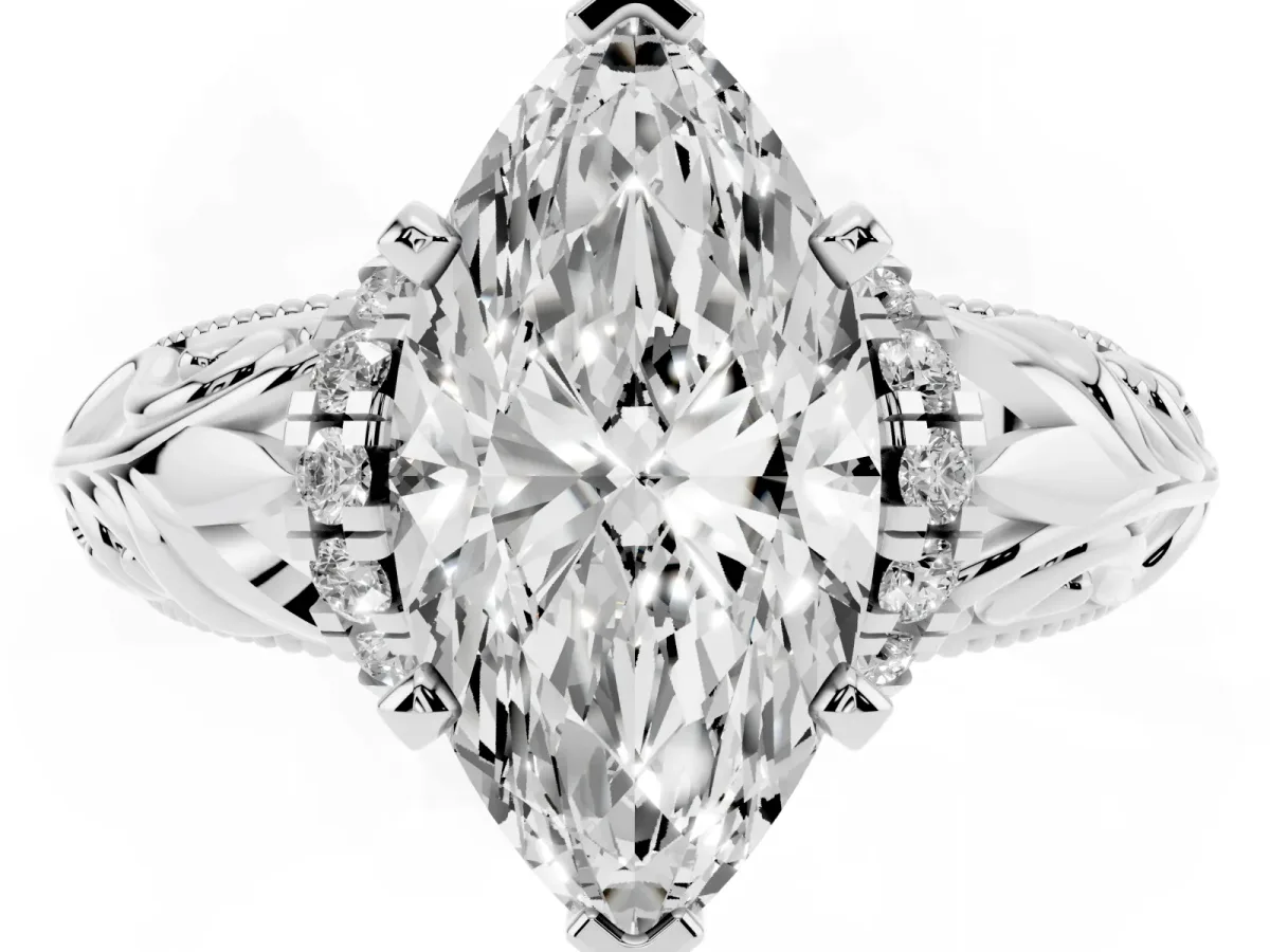 Marquise Cut Solitaire Filigree Engagement Ring with Halo and Prong Setting Silver
