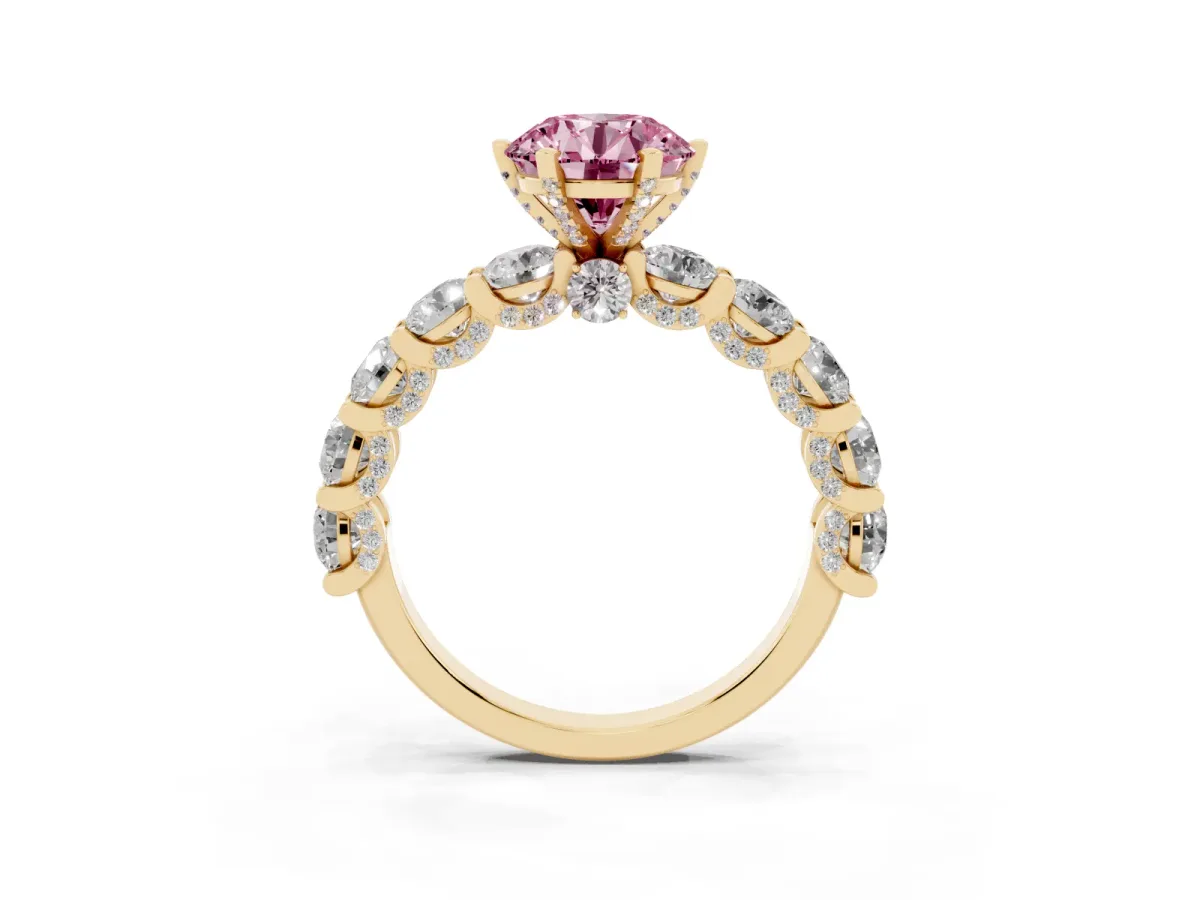 Fancy Pink Round Cut Diamond Side Stone Engagement Ring with Four-Prong Setting Yellow gold