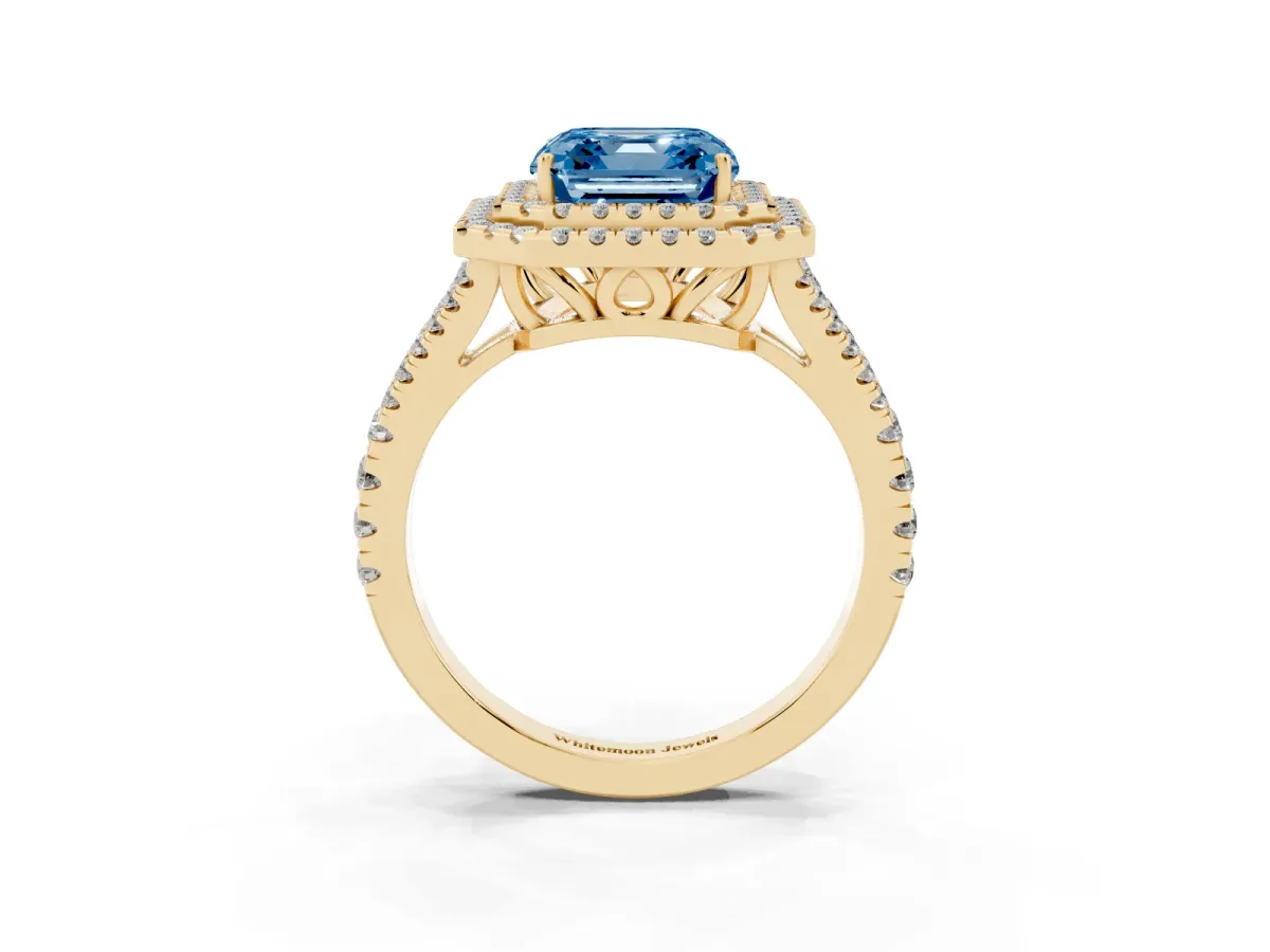 Fancy Blue Asscher Cut Diamond Double Halo Ring with Pavé Band and Prong Setting Yellow gold