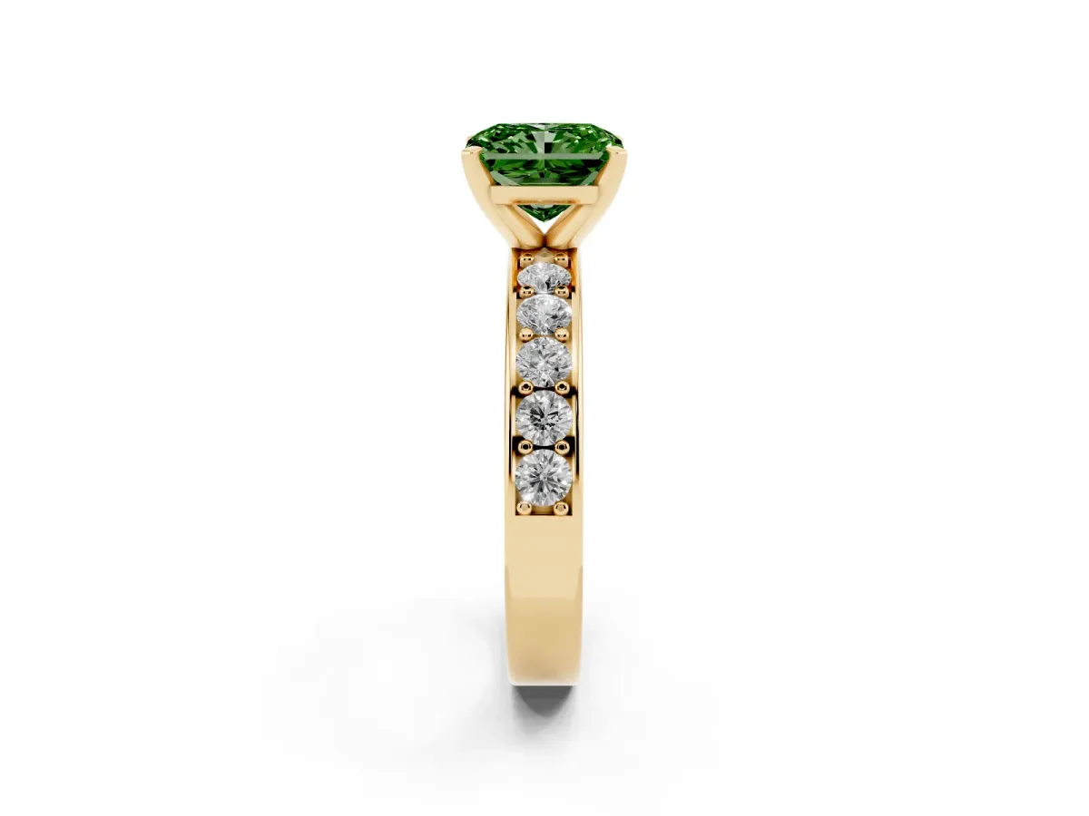 Fancy Green Radiant Cut Diamond Engagement Ring with Channel Set Round Band and Prong Setting Yellow gold