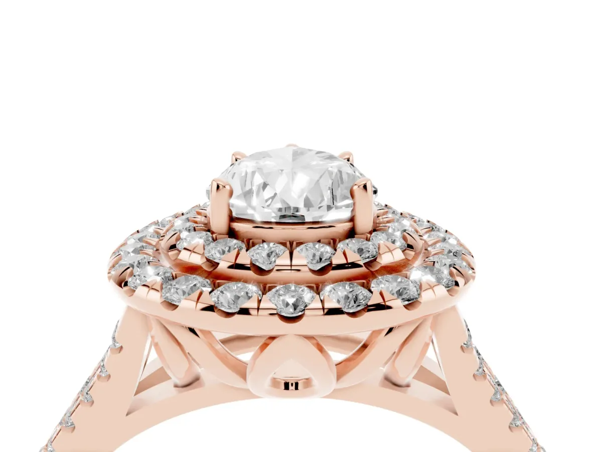 Double Halo Pear Cut Diamond Pavé Split Shank Ring with Prong Setting Rose gold