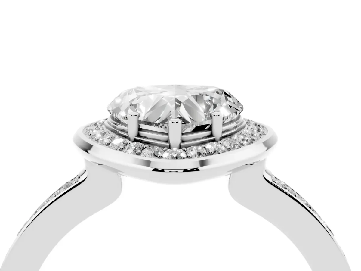 Heart Cut Diamond Halo Ring with Bezel Frame and Pavé Band Silver