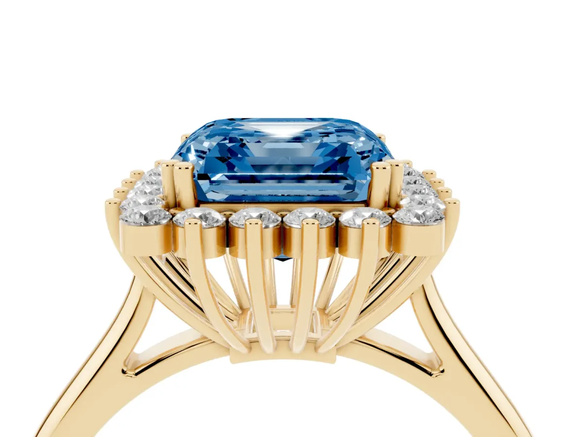 Fancy Blue Asscher Cut Cut Diamond Halo Ring with Solitaire Band and Prong Setting Yellow gold