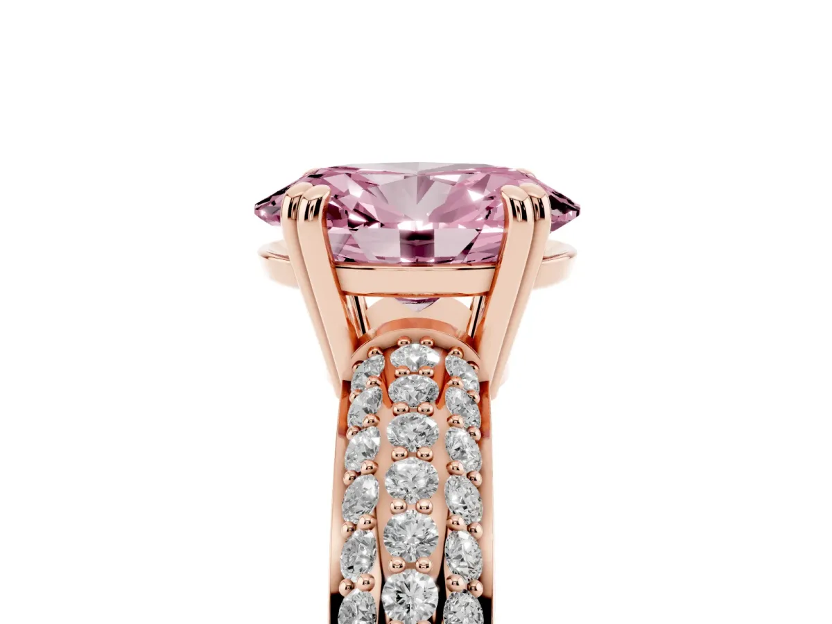 Fancy Pink Oval Cut Diamond Solitaire Ring with Multi-Row Round Pavé Band and Prong Setting Rose gold