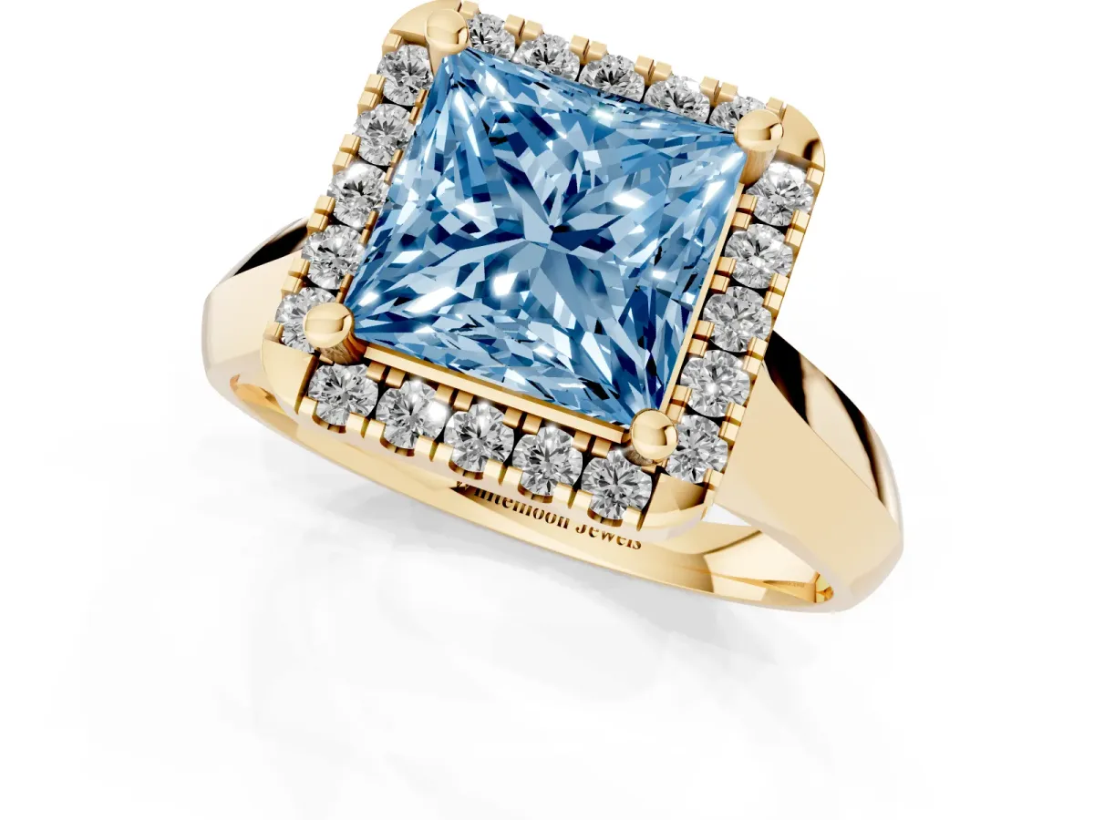 Fancy Blue Princess Cut Cut Halo Solitaire Engagement Ring with Square Band and Four-Prong Setting Yellow gold