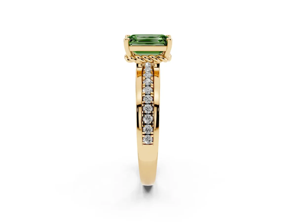 Fancy Green Emerald Cut Solitaire Diamond Ring with Channel Set Band and Six-Prong Setting Yellow gold