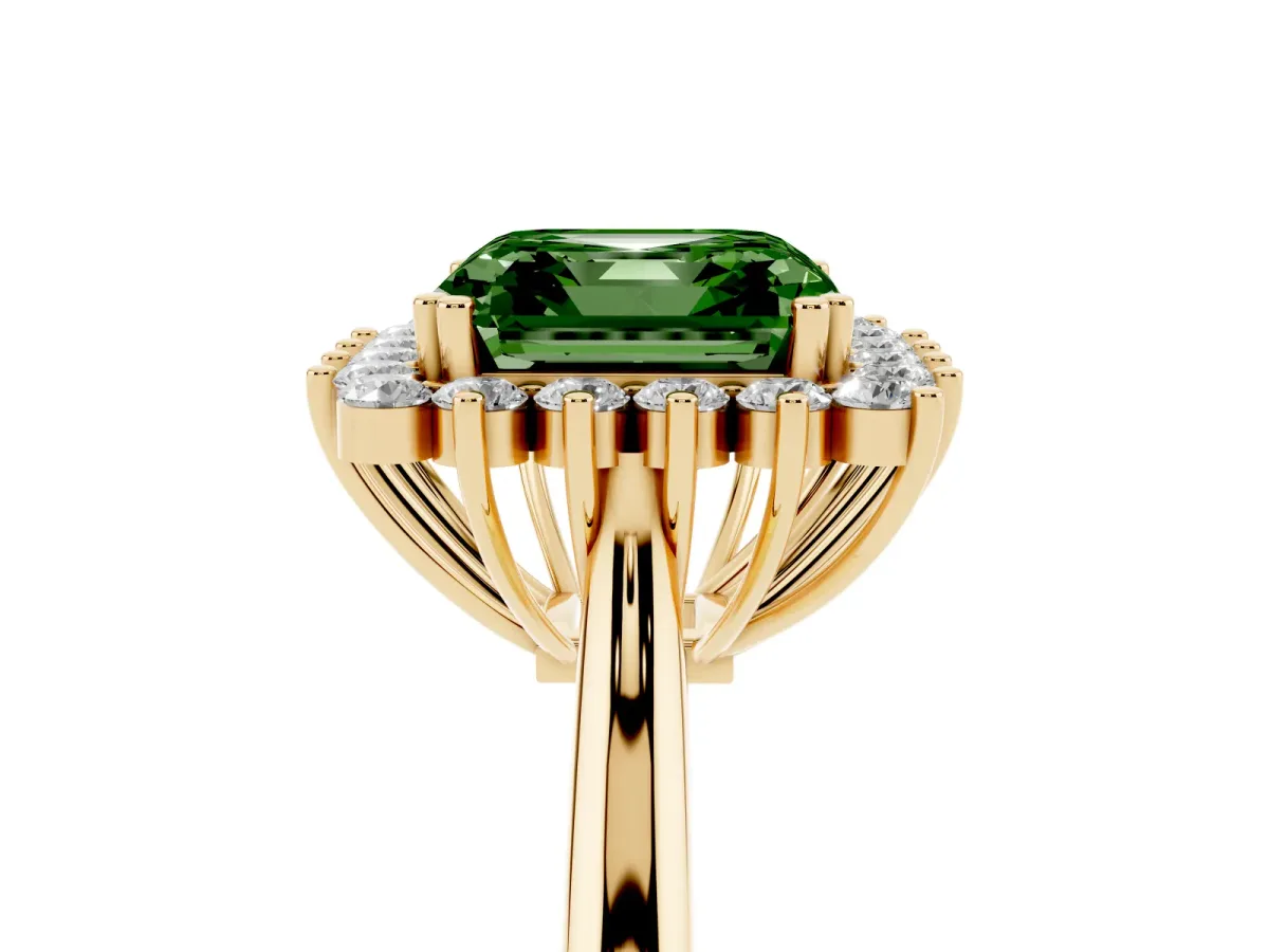 Fancy Green Asscher Cut Cut Diamond Halo Ring with Solitaire Band and Prong Setting Yellow gold