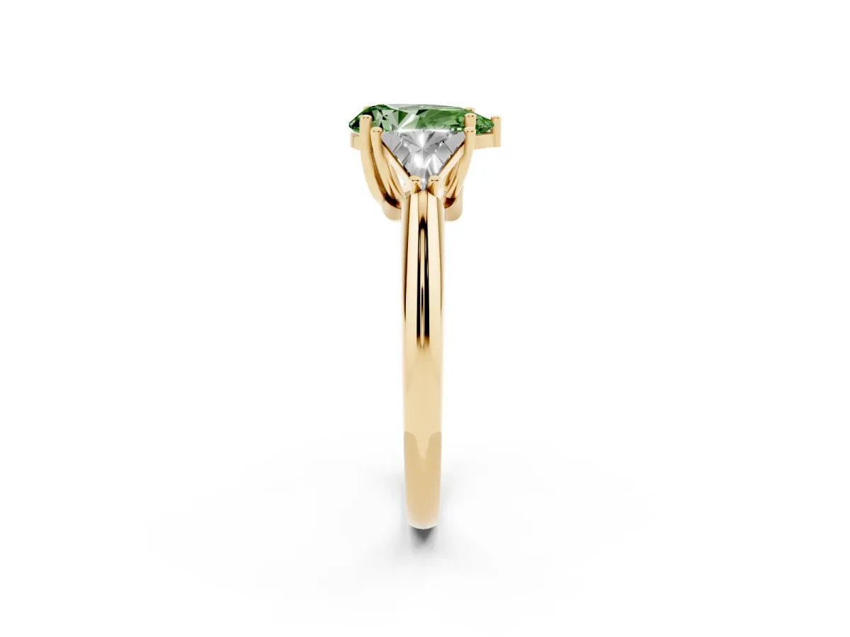 Fancy Green Three-Stone Pear Cut Diamond Engagement Ring with Trillion Side Stones and Prong Setting Yellow gold