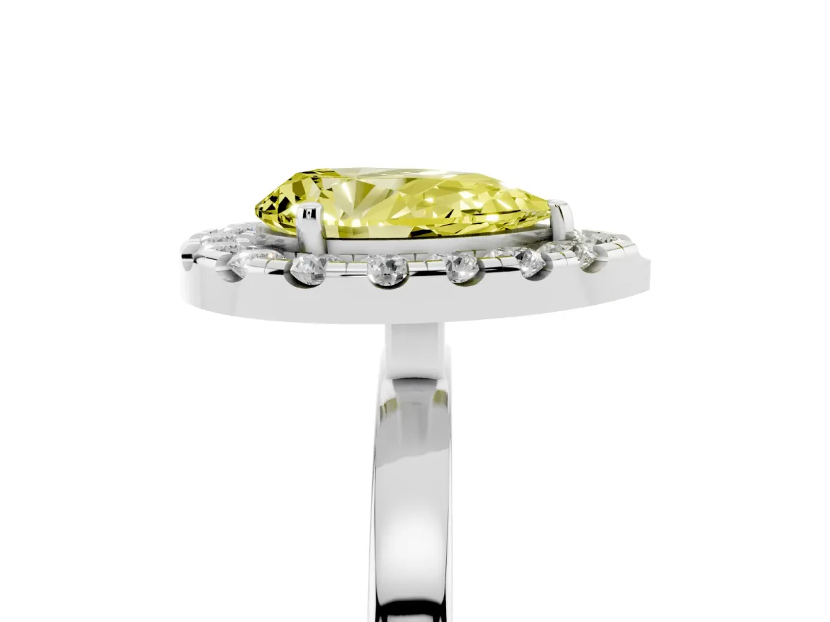 Fancy Yellow Pear Cut Halo Diamond Solitaire with Pavé Band and Four-Prong Setting Silver