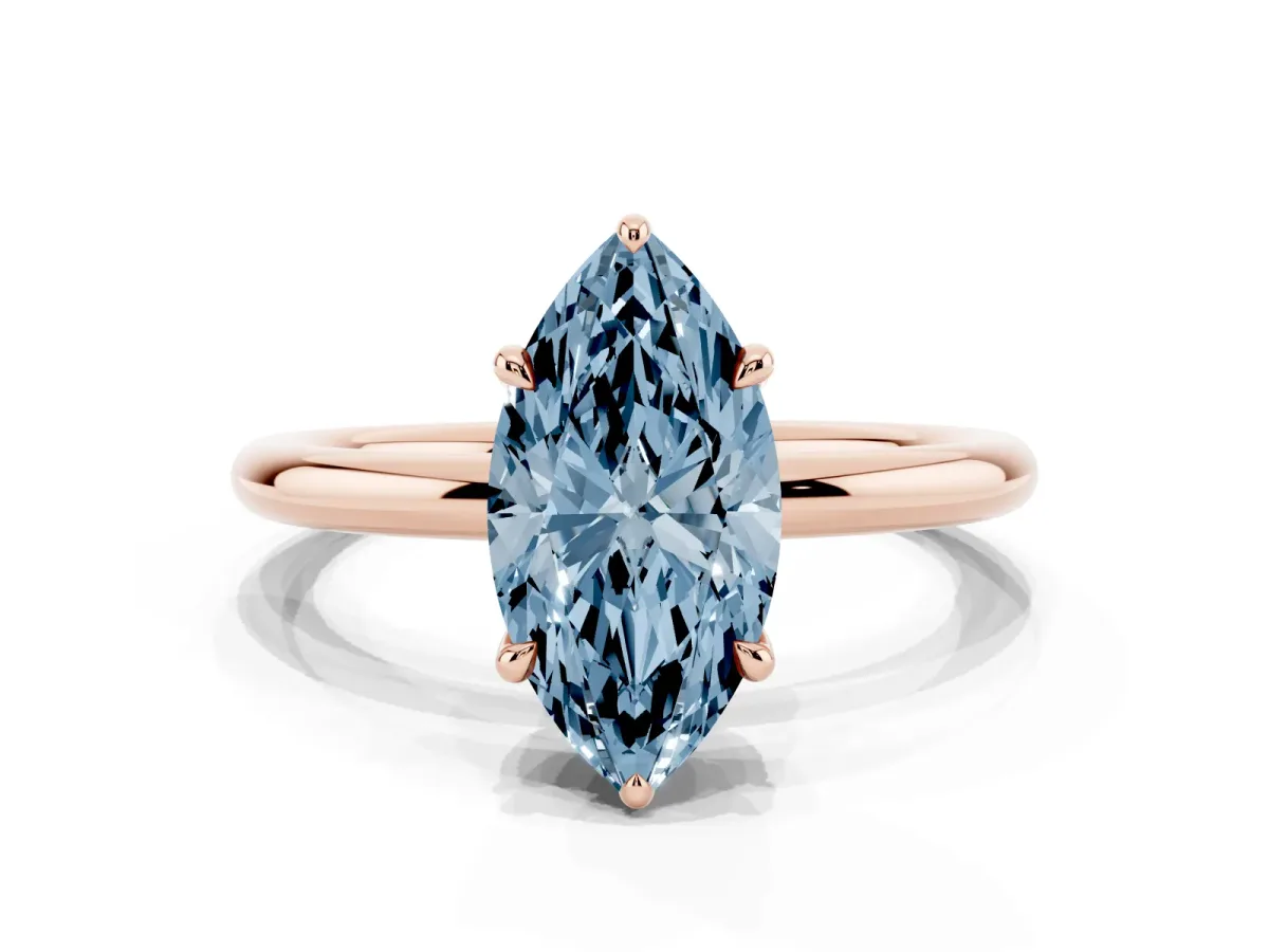 Fancy Blue Marquise Cut Diamond Solitaire Ring with Thin Band and Four-Prong Setting Rose gold