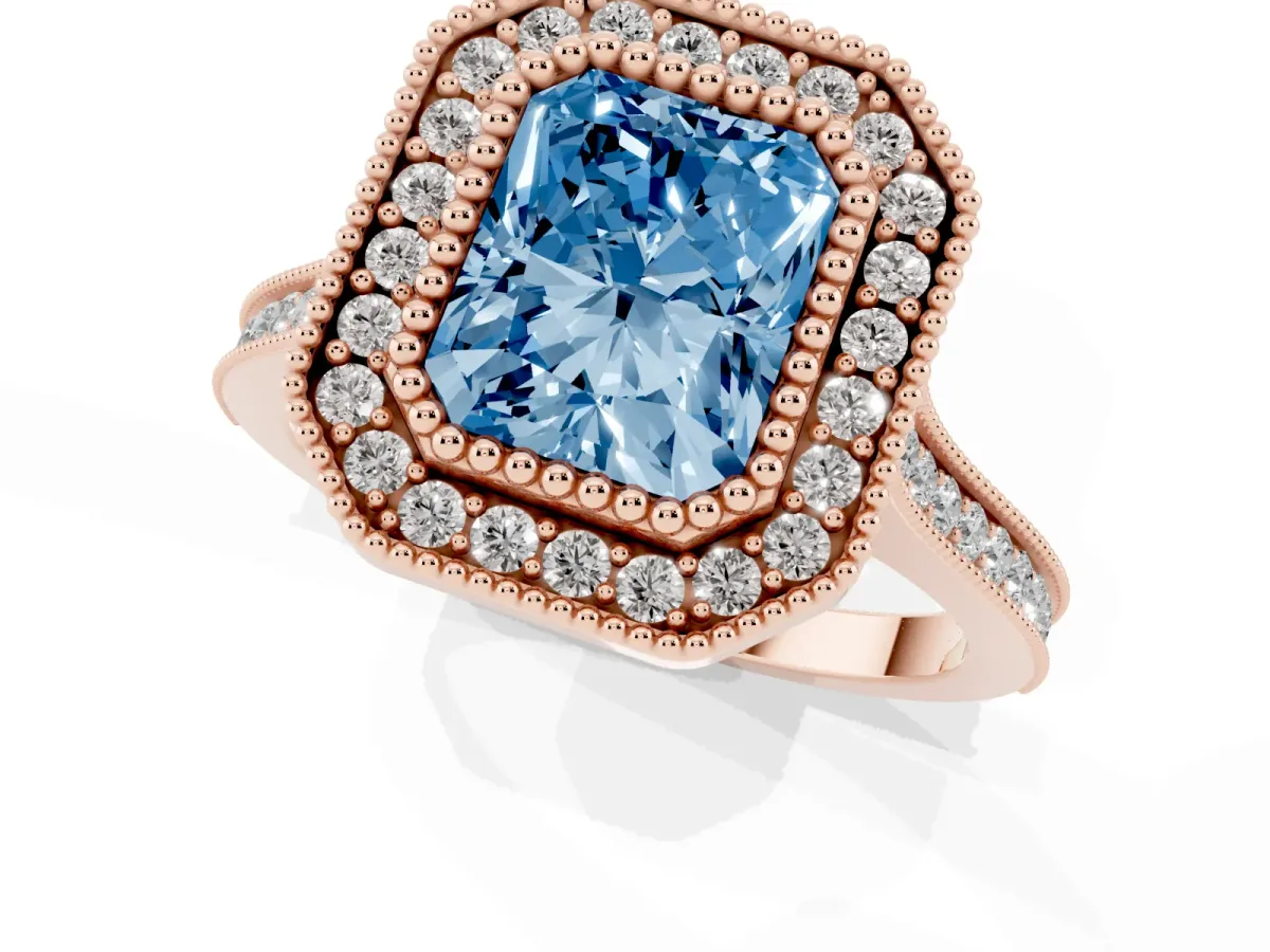 Fancy Blue Radiant Cut Diamond Halo Ring with Milgrain Frame and Pavé Band Rose gold