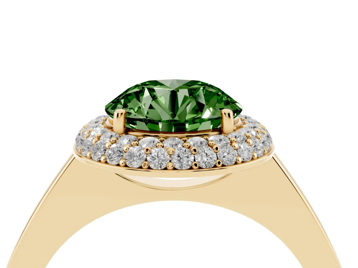 Fancy Green Round Cut Halo Diamond Engagement Ring with Solitaire Band and Four-Prong Setting Yellow gold