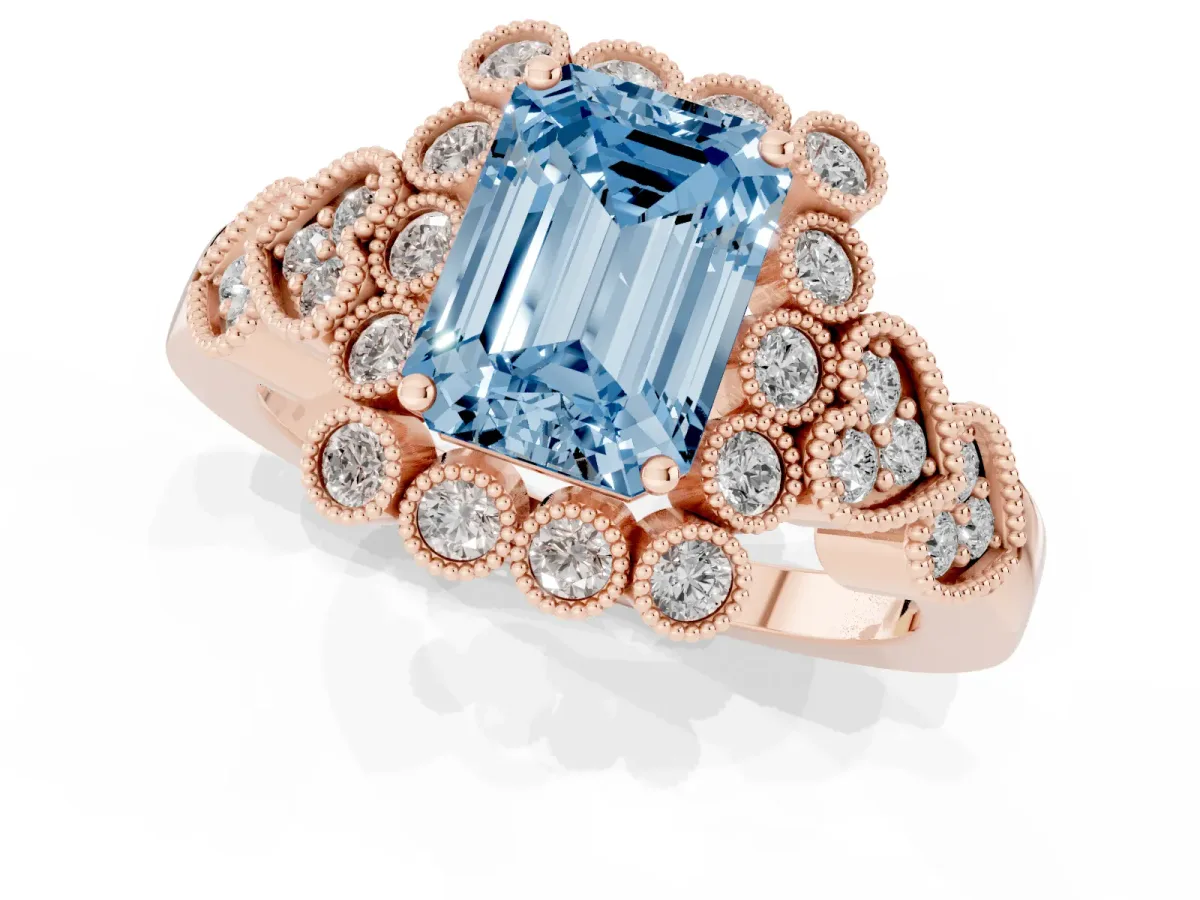 Fancy Blue Emerald Cut Brilliant Milgrain Pave Heart Band Solitaire Ring Rose gold