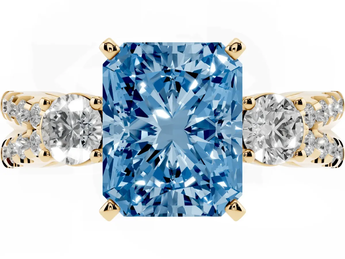 Fancy Blue Radiant Cut Diamond Three-Stone Ring with Pavé Split Shank and Four-Prong Setting Yellow gold