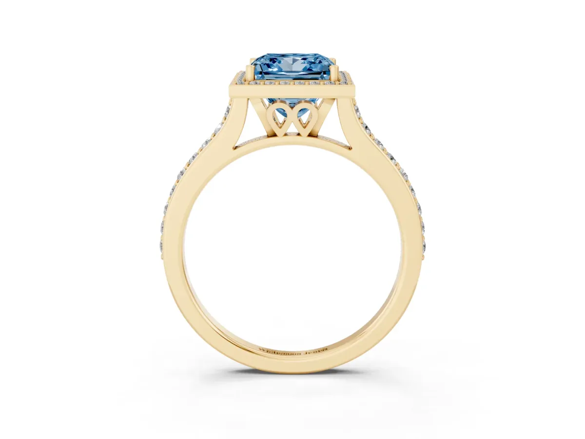 Fancy Blue Princess Cut Diamond Halo Engagement Ring with Round Pavé Shoulders and Prong Setting Yellow gold
