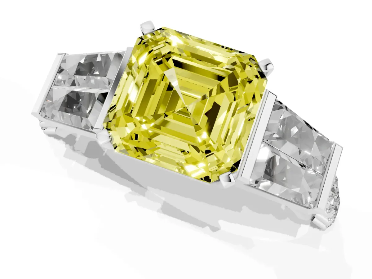 Fancy Yellow Asscher Cut Diamond Engagement Ring with Baguette Side Stones and Channel Set Band Platinum