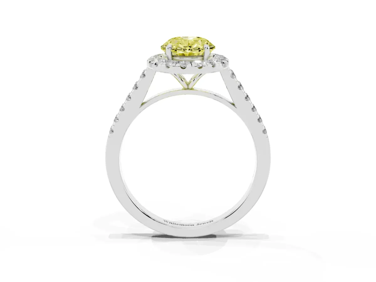 Fancy Yellow Oval Cut Halo Pave Diamond Engagement Ring with Four-Prong Setting Silver