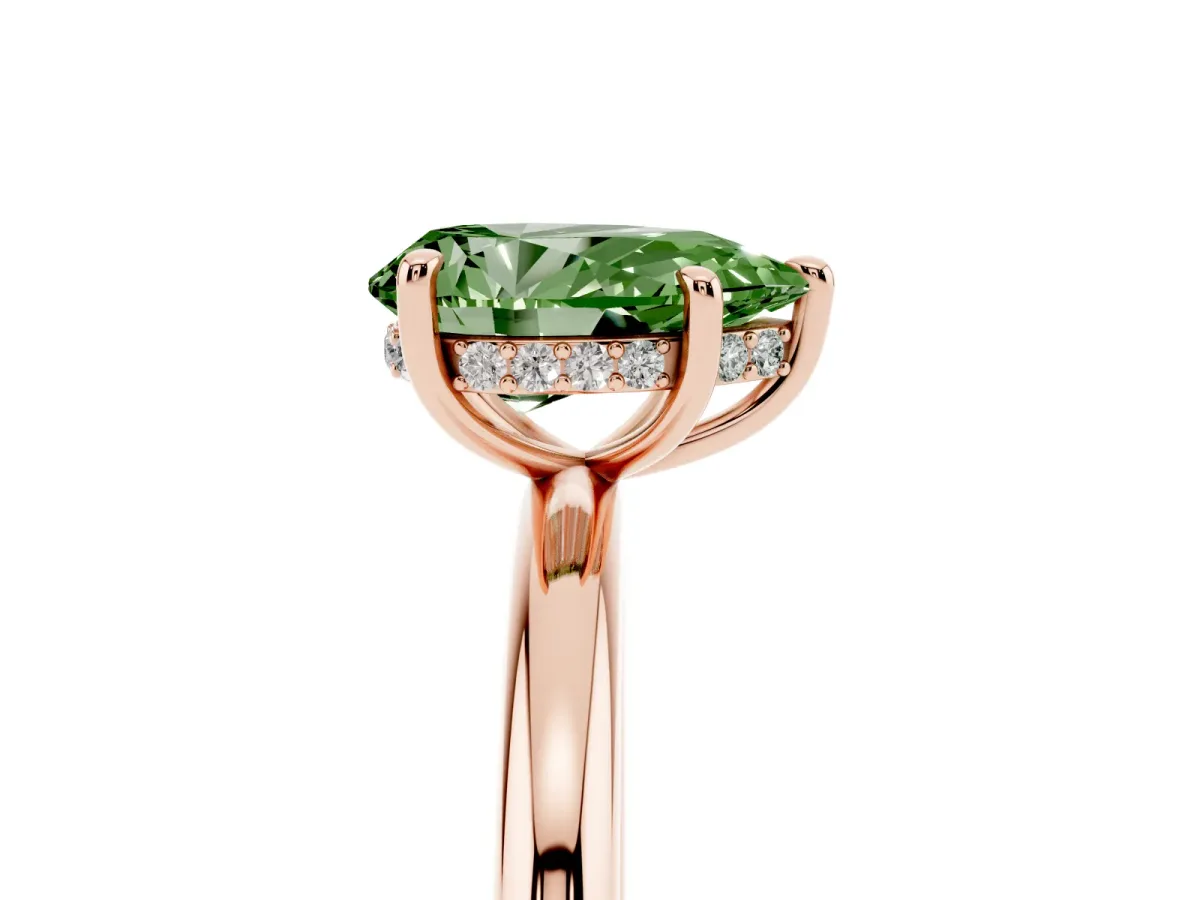 Fancy Green Pear Cut Diamond Solitaire Ring with Thin Band and Four-Prong Setting Rose gold