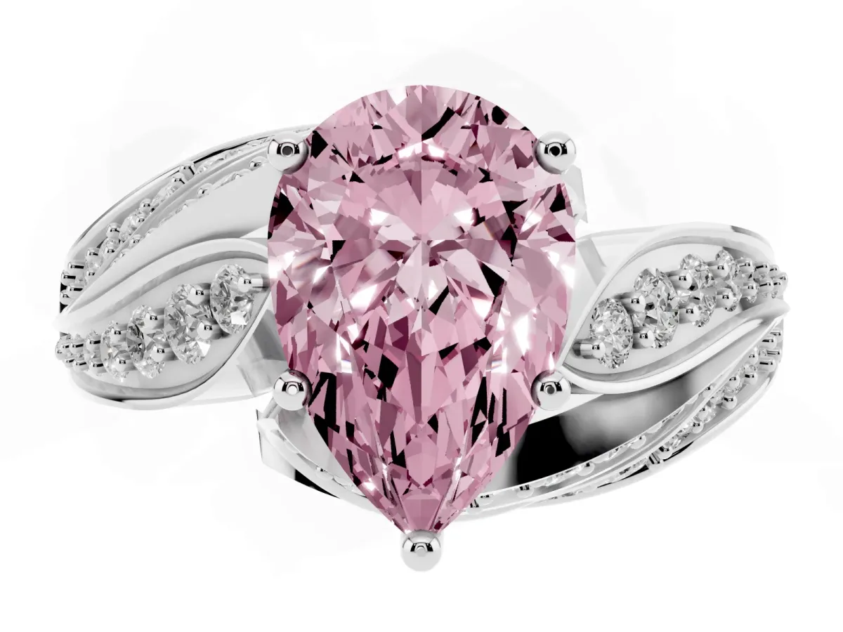 Fancy Pink Pear Cut Diamond Solitaire Ring with Prong Setting and Twisted Pavé Band Silver